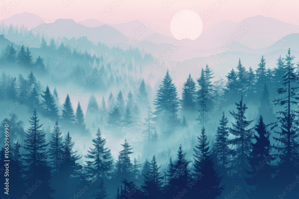 Dense forest of evergreen trees covered in mist, creating a mysterious and serene atmosphere. Dense forest of evergreen trees covered in mist, creating a mysterious and serene atmosphere.