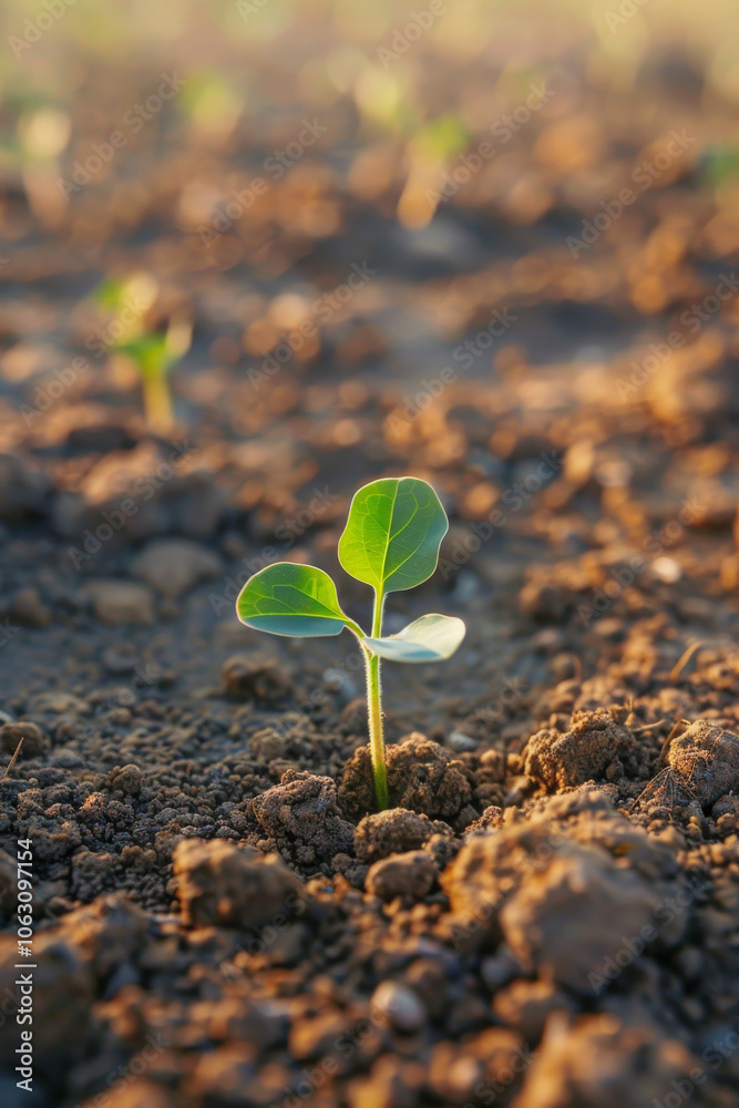 Single green seedling growing in dark soil, symbolizing new life and resilience, with a blurred background. Single green seedling growing in dark soil, symbolizing new life and resilience, with a blurred background.