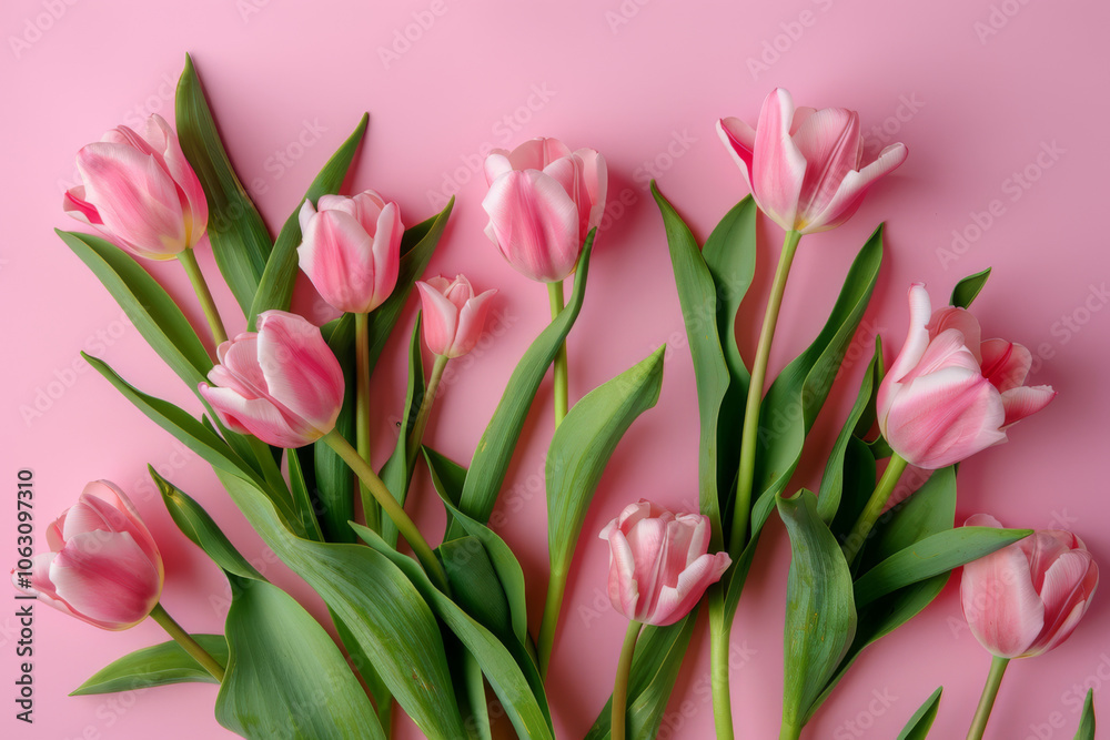 Row of pink tulips against a matching pink background, creating a vibrant and elegant floral display. Row of pink tulips against a matching pink background, creating a vibrant and elegant floral display.