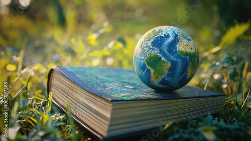 A globe resting on an open book in a lush green setting, symbolizing knowledge and exploration. photo