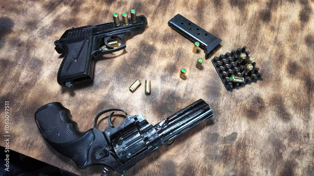 gun cartridges slow motion video. Cartridges falling on table slow motion video. Shot. Gun. Self-defense. Danger.