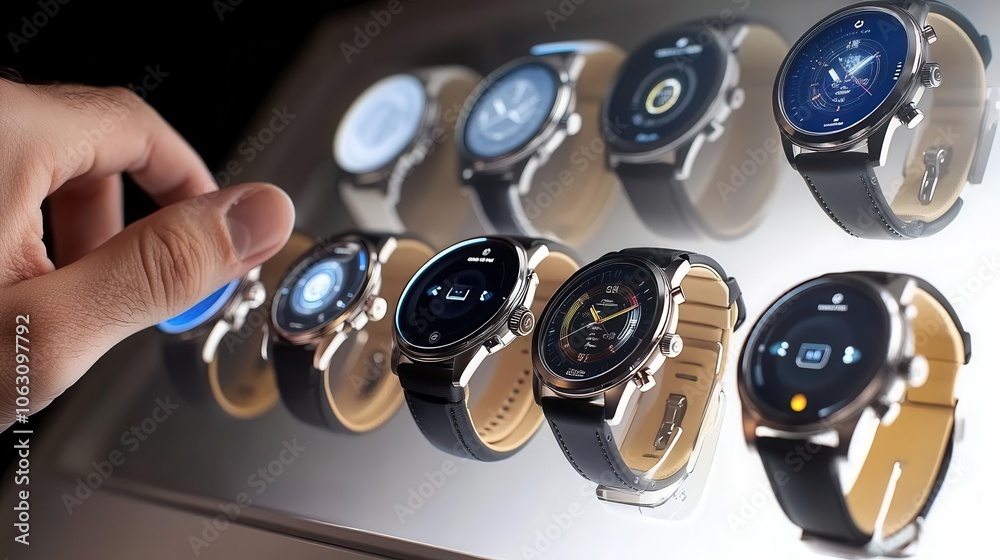 A hand examining a selection of stylish smartwatches displayed under bright lighting, showcasing modern technology and design. A hand examining a selection of stylish smartwatches displayed under bright lighting, showcasing modern technology and design.