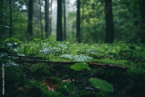 A beautifully detailed forest floor covered in moss and delicate green plants, illuminated by soft light filtering through the canopy, creating a serene atmosphere.