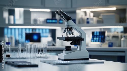 A sleek, high-tech microscope on a pristine laboratory workstation