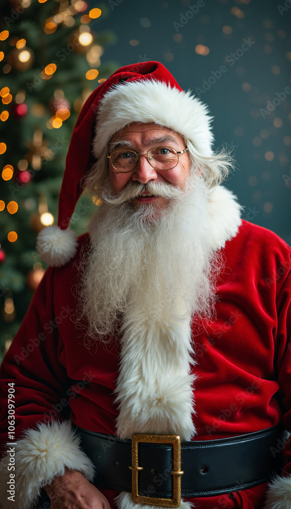 A portrait of Santa Claus smiling at the camera. He is wearing a traditional red Santa suit with a white beard and mustache, glasses, and a black belt. The background is a blurry Christmas tree with l A portrait of Santa Claus smiling at the camera. He is wearing a traditional red Santa suit with a white beard and mustache, glasses, and a black belt. The background is a blurry Christmas tree with l