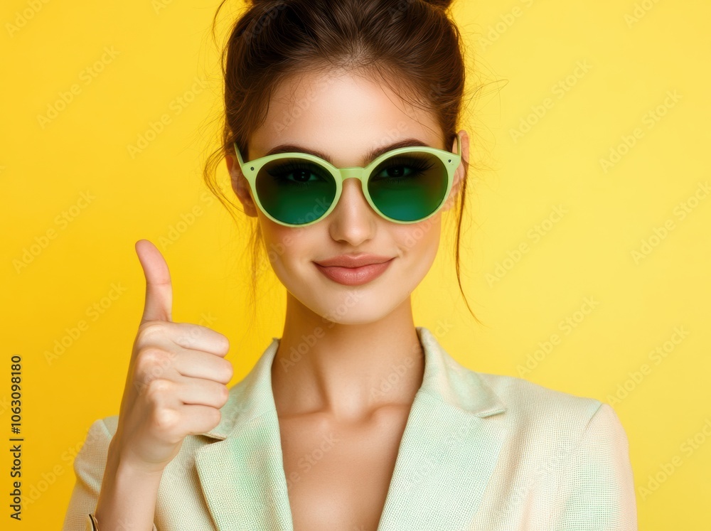 A cheerful woman in a vibrant green blazer and matching sunglasses stands before a bold yellow background, flashing two thumbs up with a joyful expression. A cheerful woman in a vibrant green blazer and matching sunglasses stands before a bold yellow background, flashing two thumbs up with a joyful expression.