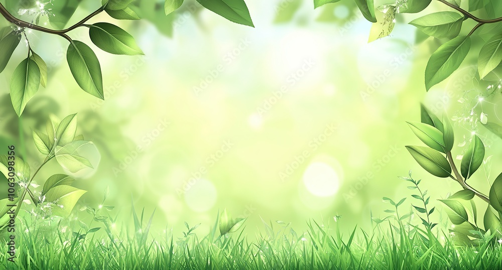 Green leaves frame a blurry, bright background with a lush grass foreground. Green leaves frame a blurry, bright background with a lush grass foreground.
