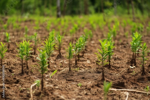 Rows of young green seedlings sprout from the soil, highlighting reforestation efforts, with a blurred greenery background that's suggestive of healing landscapes.