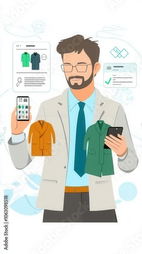 A stylish man comparing clothing options on his smartphone while holding two jackets, representing modern fashion choices.