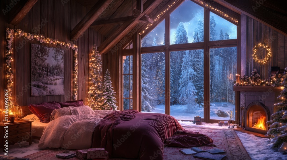 A snow-covered wooden cabin bedroom with massive windows