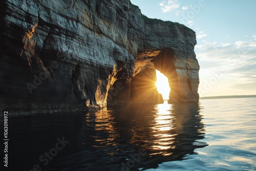 A mesmerizing scene where the setting sun's golden rays pierce through a natural cave, creating a breathtaking spectacle of light and shadow on the gentle waters. photo