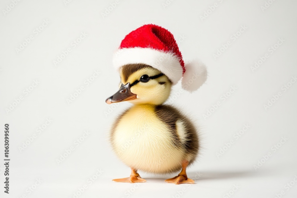 A cute duckling stands adorably with a miniature red Santa hat on its head, symbolizing festive cheerfulness, innocence, and the joy of Christmas celebrations. A cute duckling stands adorably with a miniature red Santa hat on its head, symbolizing festive cheerfulness, innocence, and the joy of Christmas celebrations.