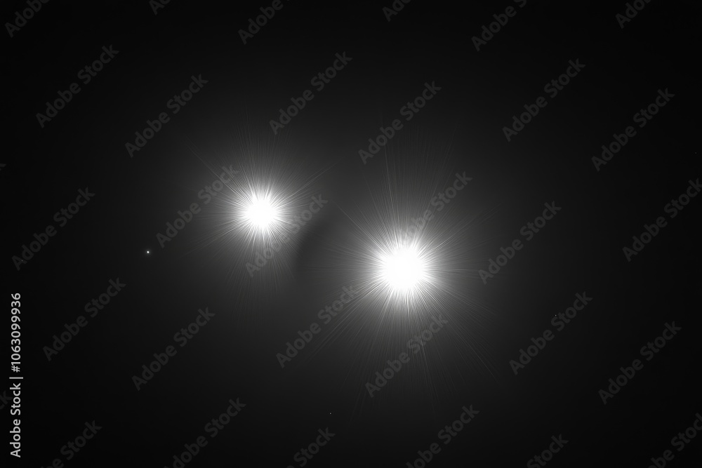 This image captures two bright celestial objects emitting brilliant light in a vast, dark space, symbolizing cosmic duality and stellar beauty, enhanced by lens flare. This image captures two bright celestial objects emitting brilliant light in a vast, dark space, symbolizing cosmic duality and stellar beauty, enhanced by lens flare.