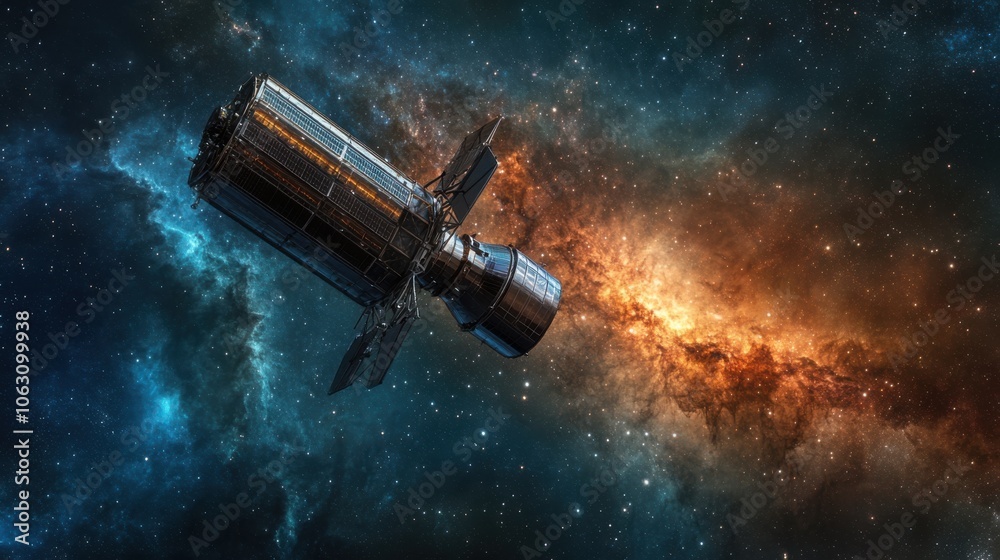 Obraz premium A space telescope pointed towards the star-filled sky,