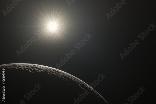 This image beautifully portrays a sun either rising or setting over a curved planetary surface, illuminating details of the rocky horizon and invoking cosmic mysteries. photo