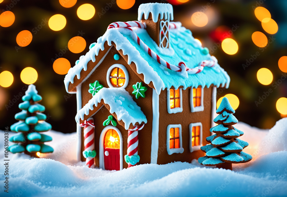 A whimsical winter scene featuring a gingerbread house decorated with candy canes and icing, standing amidst snowdrifts, with a festive Christmas tree sparkling with lights and ornaments