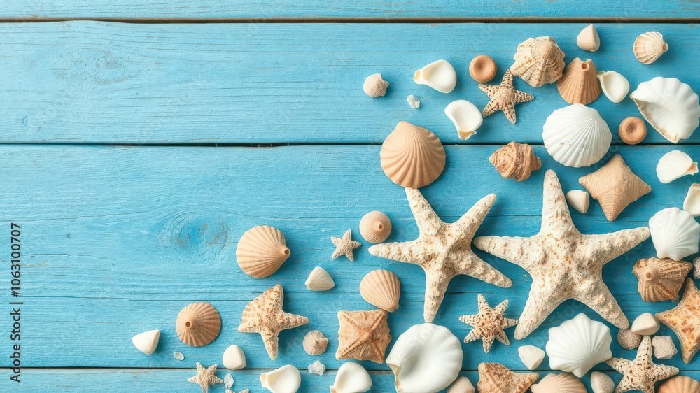 Beach scene with assorted sea shells and starfish on weathered blue wooden background, summer, blue Beach scene with assorted sea shells and starfish on weathered blue wooden background, summer, blue