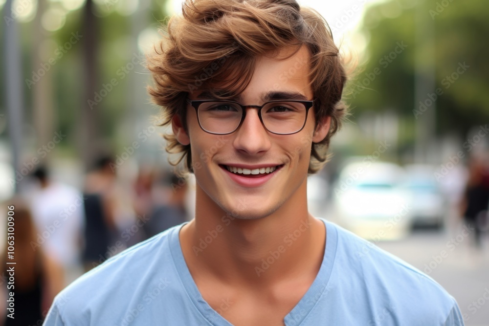 A young man with glasses and a blue shirt is smiling for the camera A young man with glasses and a blue shirt is smiling for the camera