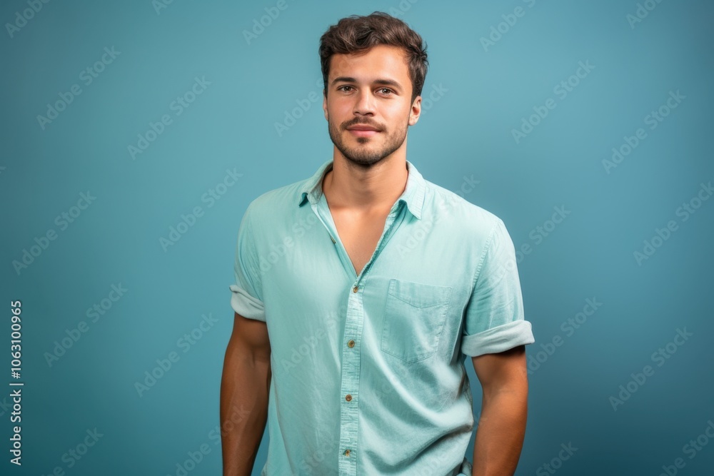 A man in a blue shirt is smiling and looking at the camera A man in a blue shirt is smiling and looking at the camera