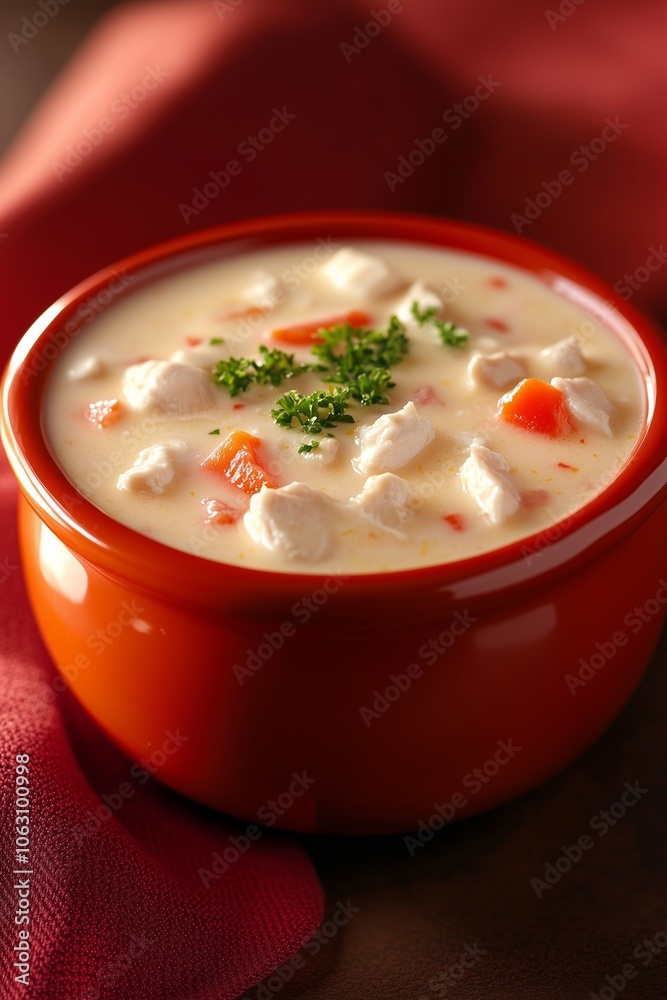 Creamy vegetable soup served in a vibrant red bowl, garnished with fresh herbs and colorful vegetables for a comforting meal Creamy vegetable soup served in a vibrant red bowl, garnished with fresh herbs and colorful vegetables for a comforting meal
