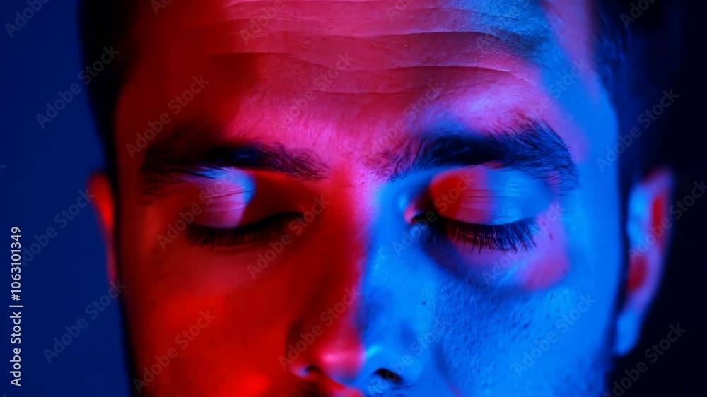 Vibrant red and blue lighting on peaceful man's face Vibrant red and blue lighting on peaceful man's face