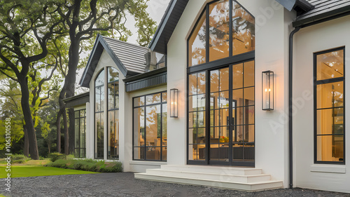 Stunning modern house exterior showcasing large glass windows  wooden accents  and a scenic backdrop of greenery  highlighting contemporary architectural design and luxurious living.