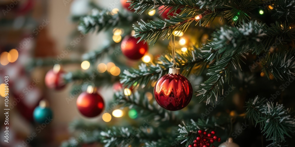 Beautiful Christmas tree with colorful baubles and sparkling lights in a blurred background, traditional, tree, seasonal Beautiful Christmas tree with colorful baubles and sparkling lights in a blurred background, traditional, tree, seasonal
