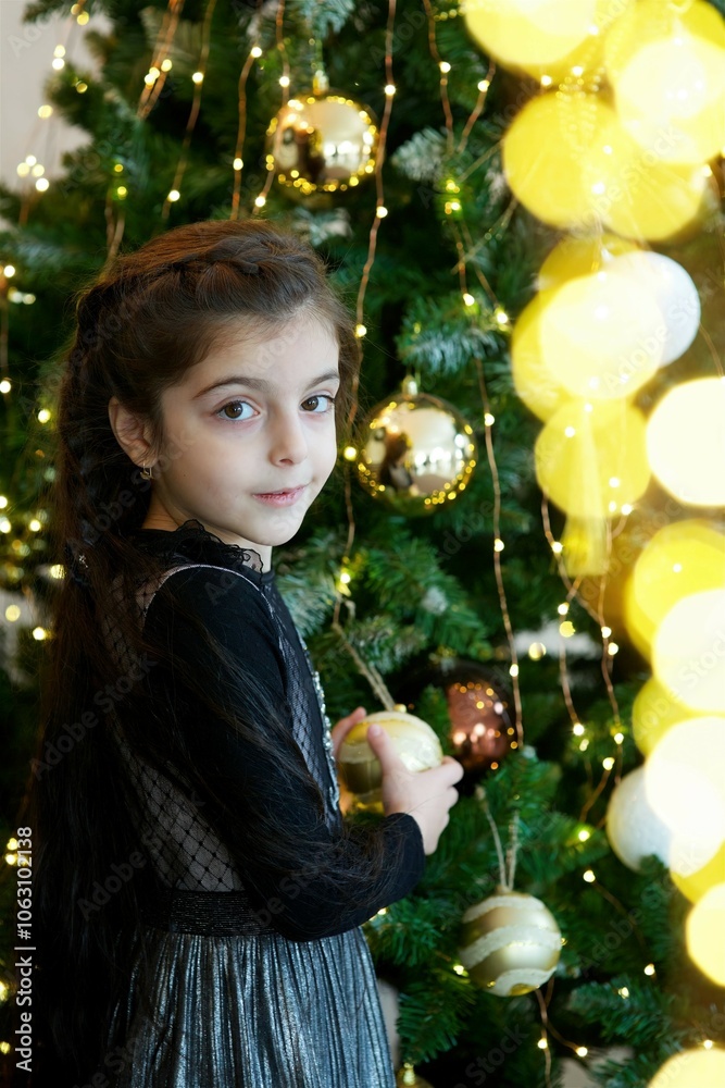 Baby girl in festive attire is in the room decorated for the new year and Christmas. Baby girl in festive attire is in the room decorated for the new year and Christmas.
