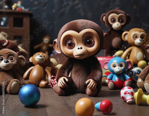 A pile of stuffed animals, including a Cheburashka, are scattered across a wooden floor photo