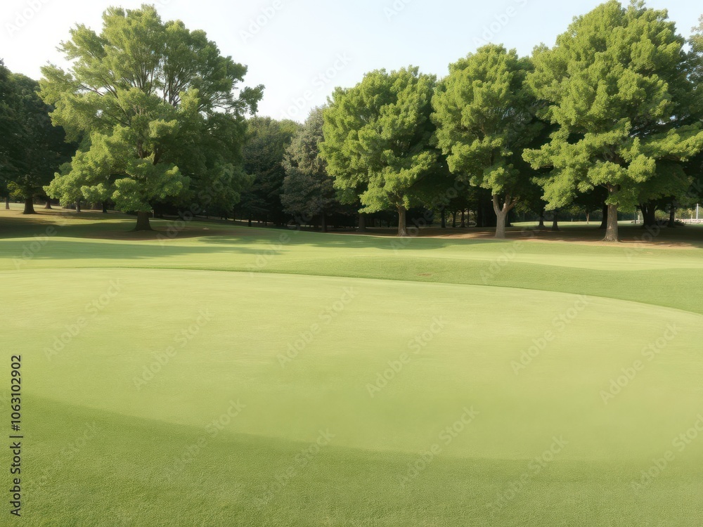 Beautiful green golf course with perfectly maintained lawn and lush trees in the background, manicured Beautiful green golf course with perfectly maintained lawn and lush trees in the background, manicured