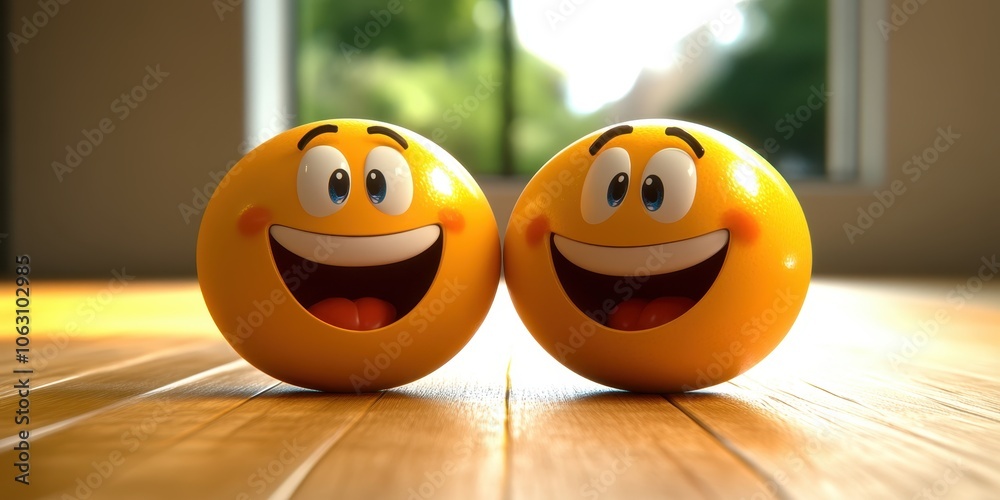 Two Smiling Emoji Balls on Table	