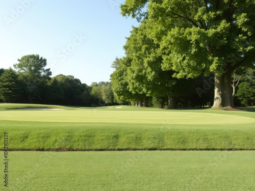 Beautiful green golf course with perfectly maintained lawn and lush trees in the background, peaceful, vibrant