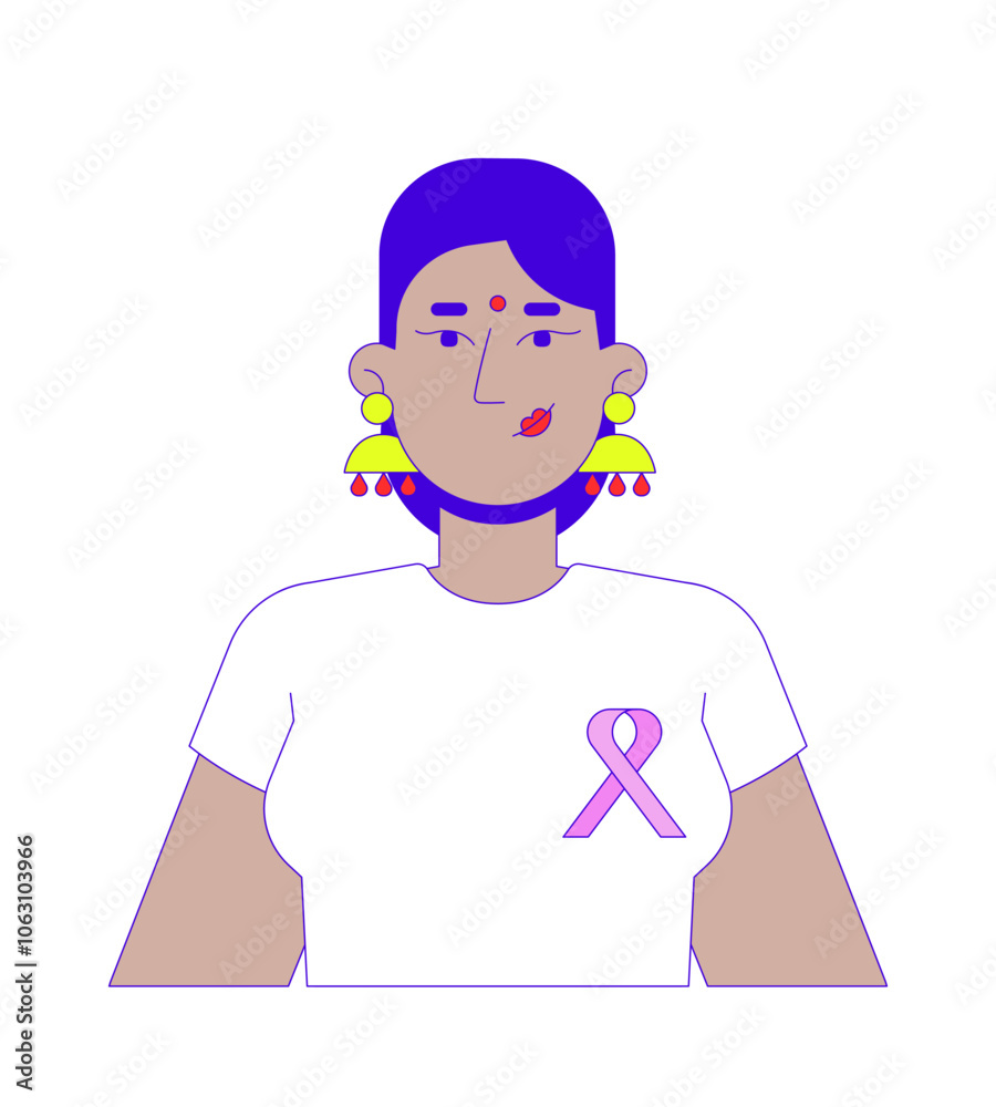 Bindi hindu woman wearing tshirt solidarity ribbon 2D cartoon character. Breast cancer awareness tee female red dot indian isolated person flat vector on white background. Spot illustration colorful Bindi hindu woman wearing tshirt solidarity ribbon 2D cartoon character. Breast cancer awareness tee female red dot indian isolated person flat vector on white background. Spot illustration colorful
