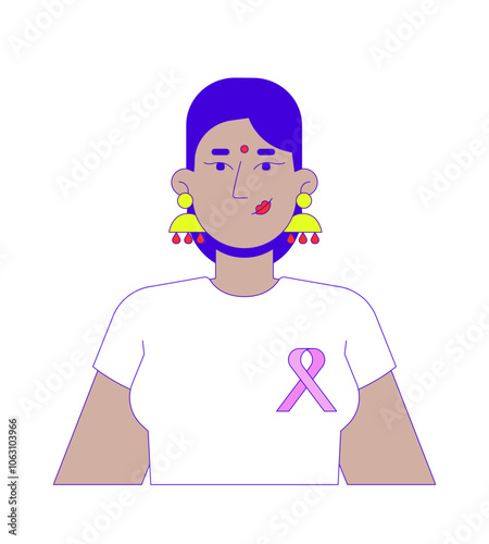 Bindi hindu woman wearing tshirt solidarity ribbon 2D cartoon character. Breast cancer awareness tee female red dot indian isolated person flat vector on white background. Spot illustration colorful