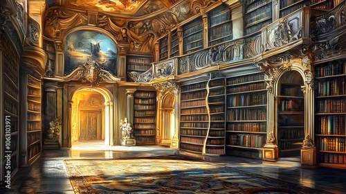 A grand library filled with books, illuminated by sunlight, showcasing ornate architecture. AI Image