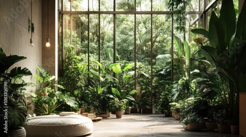 A tranquil indoor space with an abundance of green potted plants,