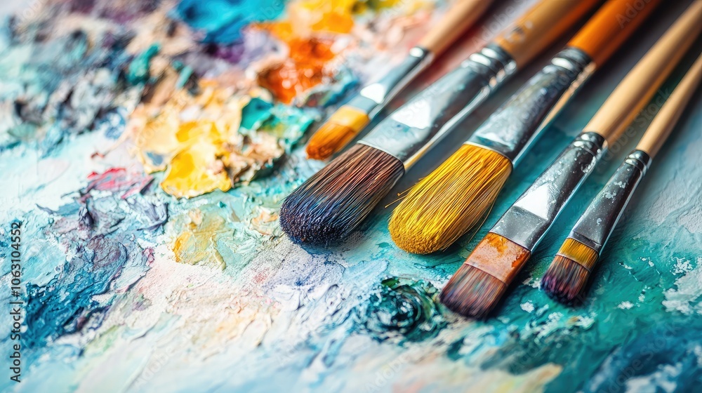 Vibrant Brushes on Colorful Palette Background