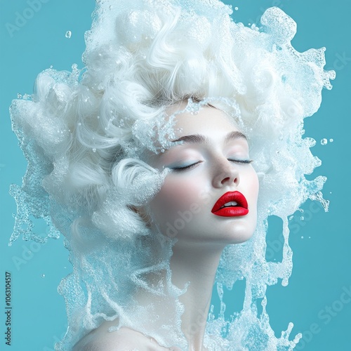 A striking image features a woman with swirling, bubbly white hair and bold red lips, merging elegance with an aquatic, dreamlike essence against a teal backdrop. photo