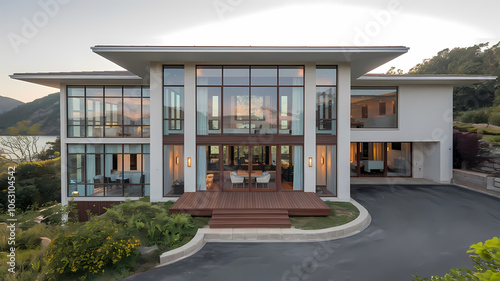 Stunning modern home with large windows and an elegant facade  surrounded by lush greenery and overlooking a scenic landscape. Perfect blend of luxury and nature.