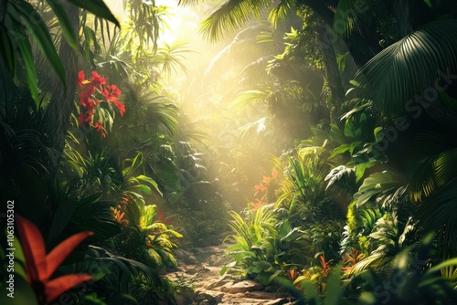 Lush tropical jungle with dense foliage and exotic plants, showcasing a vibrant and rich ecosystem filled with life and color photo