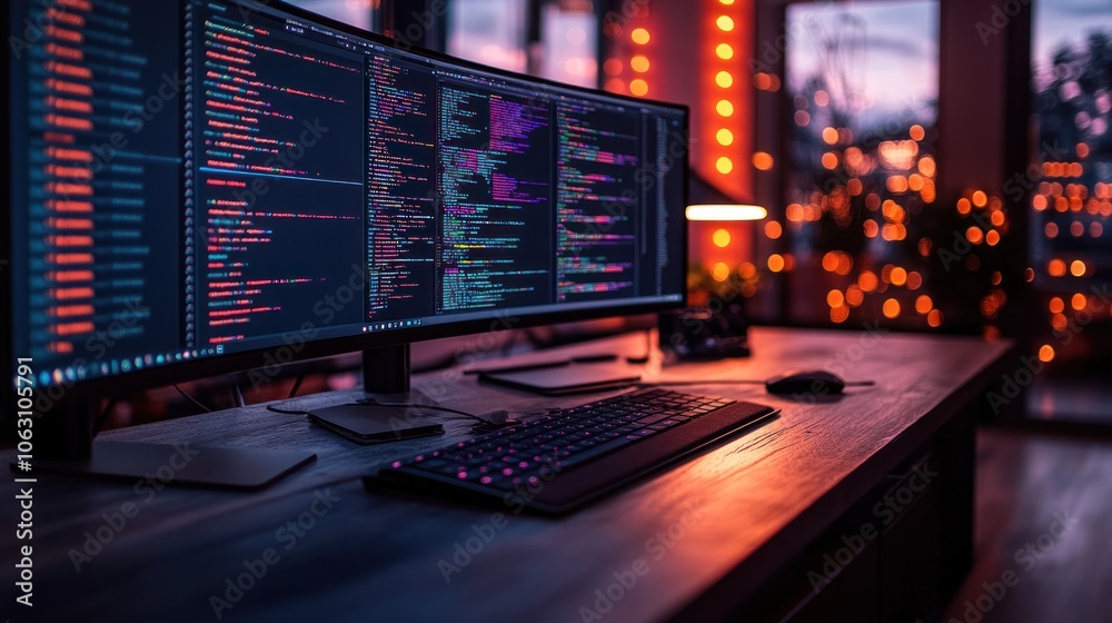 A modern workspace with dual monitors displaying code and lights. A modern workspace with dual monitors displaying code and lights.