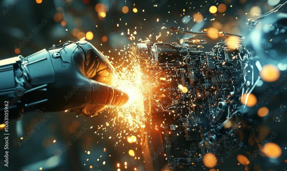 Mechanical hand sparks against machine. Mechanical hand sparks against machine.