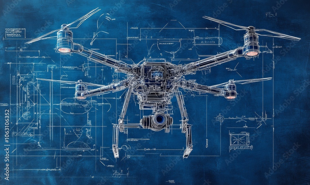 Drone blueprint with technical details. Drone blueprint with technical details.