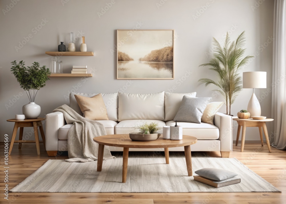 Serene Minimalist Living Room with Plush White Sofa, Neutral Cushions, Cozy Blanket, Wooden Coffee Table, and Abstract Wall Art for Tranquil Home Decor Inspiration