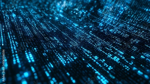 Abstract Blue Digital Code Background with Glowing Lines of Text