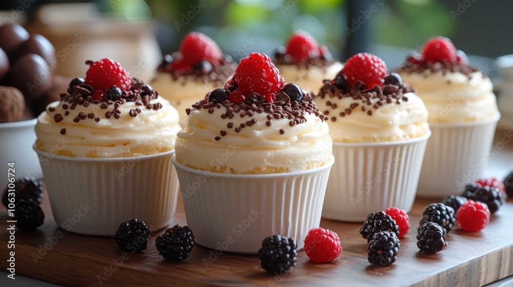 Delicious cupcakes topped with berries and chocolate sprinkles. Delicious cupcakes topped with berries and chocolate sprinkles.