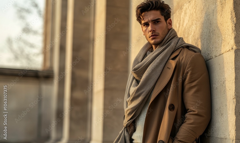 Man wearing coat and scarf, leaning against wall.
