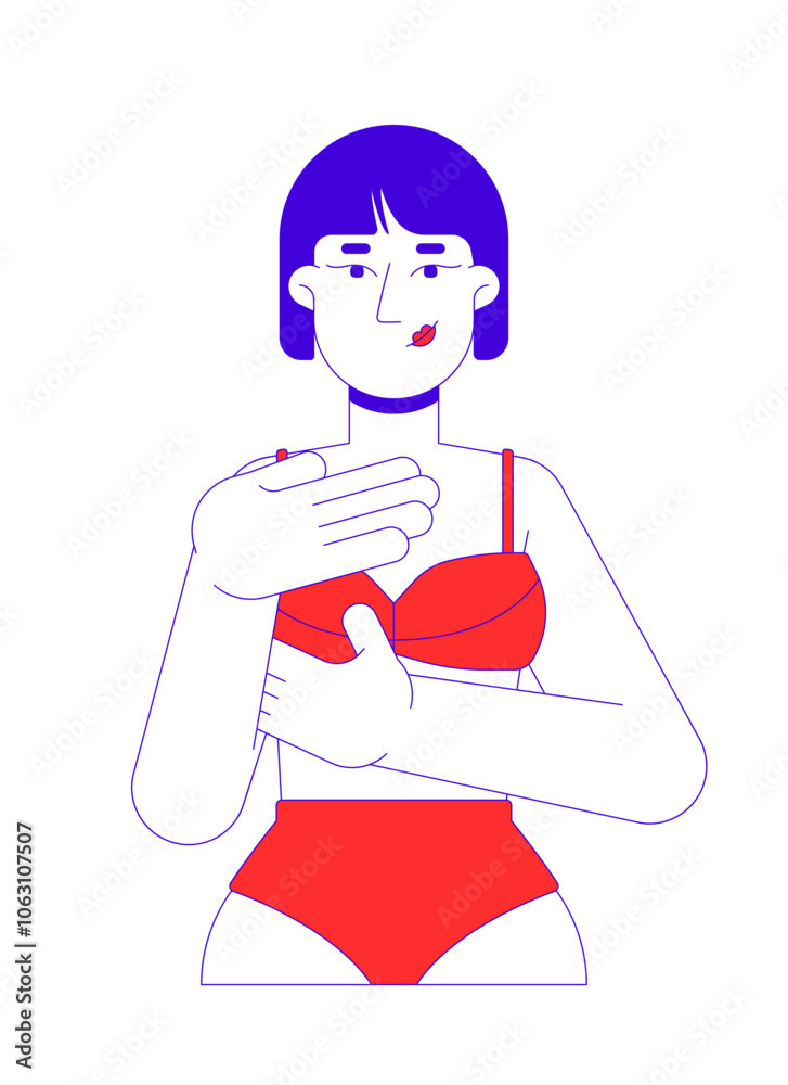 Korean woman in brassier examining breast 2D cartoon character. Mastopathy early detection. Asian-american female touching chest isolated person flat vector on white. Spot illustration colorful Korean woman in brassier examining breast 2D cartoon character. Mastopathy early detection. Asian-american female touching chest isolated person flat vector on white. Spot illustration colorful