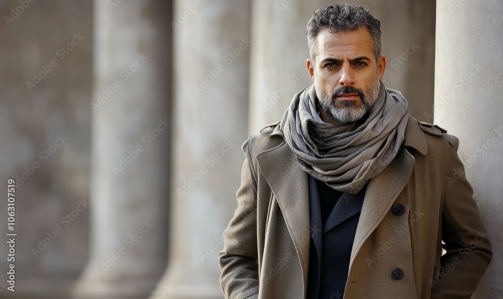 Man in coat and scarf leans against column. Man in coat and scarf leans against column.
