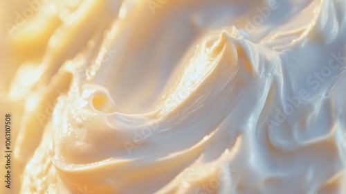 A macro photograph of the sunscreen's cream, focusing on the texture and spreadability, with the surrounding area softly blurred. photo